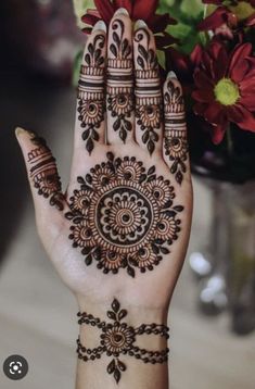 a woman's hand with henna tattoos on it and flowers in the background