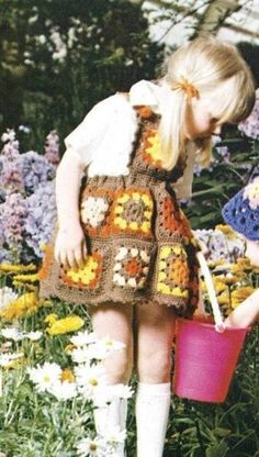 "A granny squares dress pattern for girls.  Vintage crochet pattern from the 70's. Very easy to make and fast: 17 squares will make a dress ;-) The instructions are available in English US, with conversion to English UK provided. 3 SIZES . For small (T 1-2) use E (3.50mm) hook;  . For medium (T 3-4) use G (4.00mm) hook;  . For large (T 5-6) use I (5.50mm) hook;  MATERIALS . Knitting worsted weight yarn, in 4-oz. skeins: 1 skein brown for size small, 2 skeins brown for all other sizes; for all sizes: 1 skein each of it orange, orange and yellow; and 1 oz salmon, if desired; . Crochet hook E, G or I (see size information);  . 2, ½\" diameter bone rings for buttons;  . ¾\" elastic cut to waist size. NOTE: This is a digital PDF pattern for you to download to your computer. It is not the finish Granny Square Toddler Dress, 70s Crochet, Crochet Dress Girl, Toddler Dress Patterns, English Uk, Baby Dress Pattern, Crochet Toddler, Girl Dress Pattern, Vintage Crochet Pattern