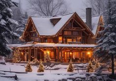 a house covered in christmas lights and snow