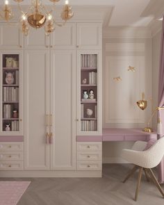 a white and pink bedroom with gold accents on the walls, shelves, and desk