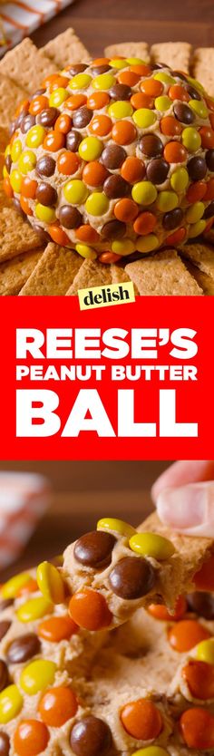 reese's peanut butter ball is on top of a cracker and has candy in it