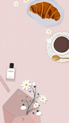 a pink background with flowers, a croissant and a cup of coffee