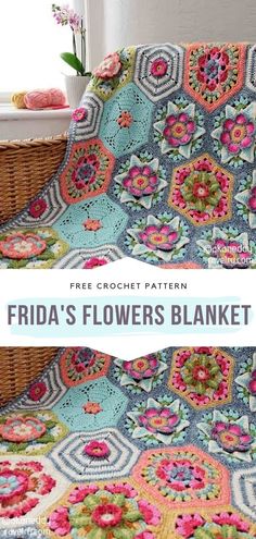 a crocheted blanket with flowers on it and the words frida's flowers blanket