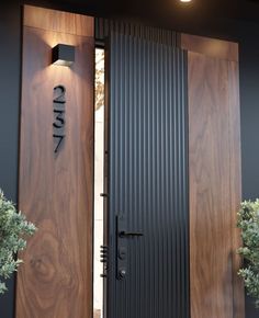 two potted plants sit in front of the entrance to a building with wooden doors