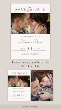 an elegant save the date postcard with two photos on it and text that reads,