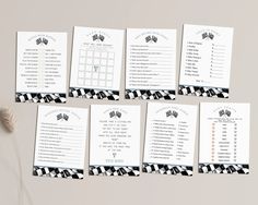 wedding seating plan cards with black and white checkered pattern on the front, set of 10