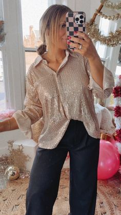 Timeless in sequins, this fully sequined blouse is featured in a true-to-size fit met with a sheer bodice and elevating holiday-focused color tone. We adore the energetic vibe that this piece radiates! Neckline: Button up with collar Fabric: 100% Polyester Sheer sequin detailing throughout Button-down bodice Collared neckline Imported MEASUREMENTS: (approximate) Measured lying flat; buttoned. **2-3" Stretch throughout. S-BUST 40" | LENGTH 24" M-BUST 42" | LENGTH 26" L-BUST 44" | LENGTH 26 1/2" M Sequined Blouse, Sparkle Blouse, Style Wide Leg Jeans, Bride Top, Gold Blouse, Vip Group, Exclusive Dress, Everyday Chic, Curvy Dress