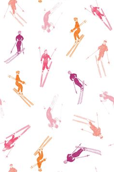 the skiers are all different colors and sizes on this white wallpaper pattern, which is very similar to each other