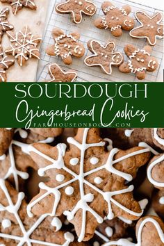 gingerbread cookies with white icing and decorated snowflakes are on a cooling rack