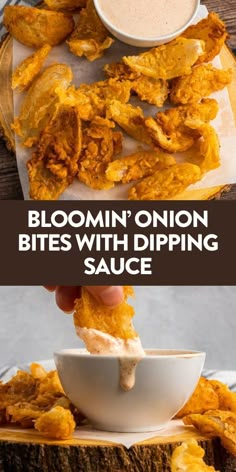 a person dipping sauce on top of some fried onion bites with dipping sauce in a white bowl