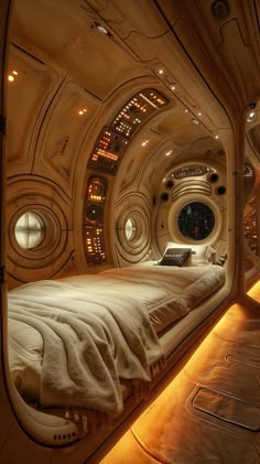 the interior of a futuristic looking bedroom with lights on and bed linens folded down