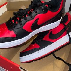 New Nike Court Borough Low Recraft Size 7 In Women’s Red Black Nike Shoes, Nike Court Borough Low Black And Red, Black Leather Skate Shoes With Red Sole, Kiss Songs, Birthday Outfit For Teens, Red Nike Shoes, Red Quince, Nike Signs, Nike Court Borough Low