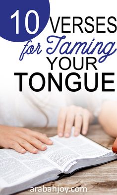 a person sitting at a table reading a book with the title 10 verses for taming your tongue