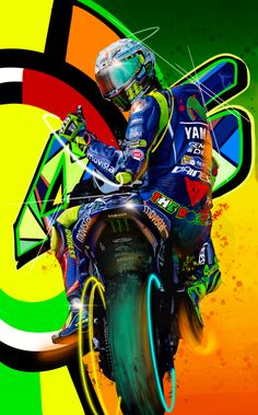 a man riding on the back of a motorcycle in front of a multicolored background