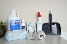 several cleaning products are sitting on a counter