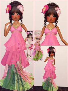 the doll is wearing a pink dress with flowers in her hair