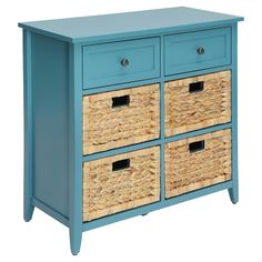 a blue dresser with wicker baskets on the top and bottom drawers, against a white background