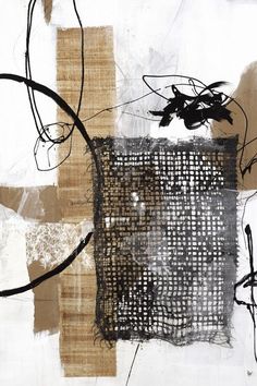 an abstract painting with black and brown lines on white, beige, and grey colors