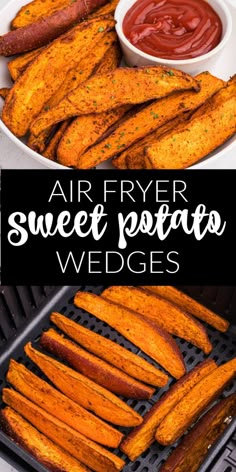 air fryer sweet potato wedges with ketchup and sauce on the side