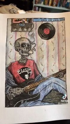 a drawing of a skeleton playing an electric guitar