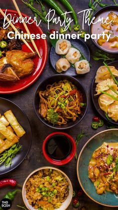 a table topped with plates and bowls filled with different types of food next to chopsticks