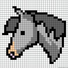 a cross stitch pattern with a dog's head in grey and white colors on it