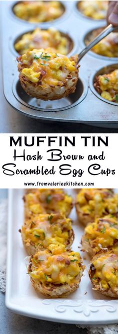 muffin tins with hash browns and scrambled egg cups in them on a white plate