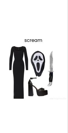 a woman in a black dress with a scream mask on her head and shoes next to the words scream