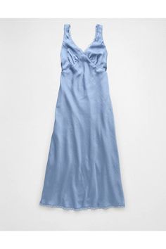 Satin-like fabric that moves with you/Plunge v-neck Blue Slip Dress With Spaghetti Straps And Bias Cut, Blue Bias Cut Slip Dress With Spaghetti Straps, Blue V-neck Slip Dress For Party, V-neck Bias Cut Sleep Slip Dress, Blue V-neck Slip Dress For Sleep, Blue Slip Dress, Midi Slip Dress, American Eagle Outfitters, American Eagle