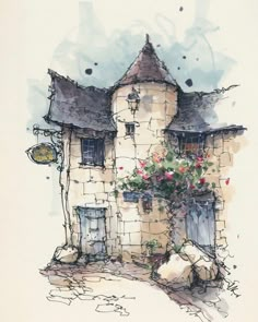 a drawing of a house with flowers growing out of it