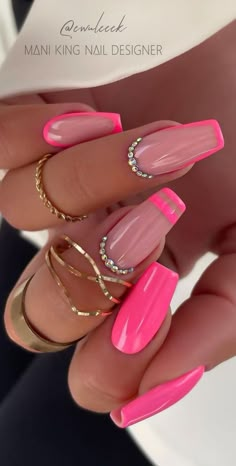 Summer Nail Inspo 2024 Simple, Pink Summer Nails 2024, Fancy Nails Designs, Her Nails, Dope Nail Designs, Acrylic Nails Coffin Short, Rainbow Nails, Pink Acrylic Nails, Neon Nails