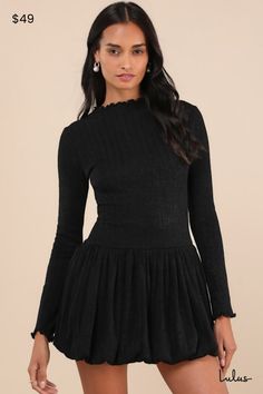 Let all the cuties know you mean business in the Lulus Approachably Adorable Black Ribbed Bubble-Hem Mini Dress! Lightweight knit fabric, with a subtle ribbed design, shapes long sleeves and a mock neckline, with adorable lettuce-edge trim throughout. Fitted bodice continues down to a drop waist and a flaring, bubble-style skirt with a mini hem. Fit: This garment fits true to size. Length: Mid-thigh. Size medium measures 33.5" from shoulder to hem. Bust: Great for any cup size. Waist: Fitted - s Nyc Closet, Dinner Party Dress, Casual Wedding Guest Dresses, Black And Blue Dress, Design Shapes, Bubble Style, Mini Dress Long Sleeve, Casual Formal Dresses, Stretchy Skirt