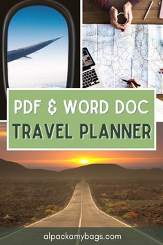 a travel planner with the words word doc on it and images of planes in the background