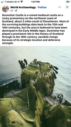 an aerial view of a castle on top of a cliff next to the ocean with caption about it