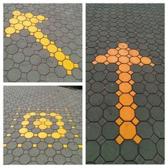 three different pictures of the same street with yellow and black markings on it, including an arrow