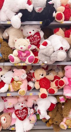 several shelves filled with lots of different colored teddy bears and other stuffed animals in valentine's day colors