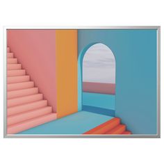 there is an arch in the wall next to some stairs that are painted pink and blue