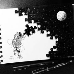 a drawing of an astronaut holding a puzzle piece in front of the moon and stars