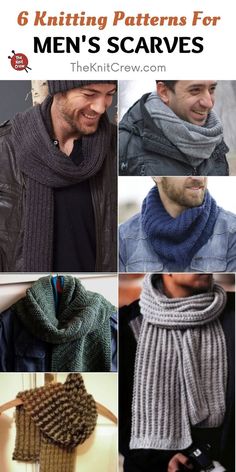 six knitting patterns for men's scarves with text overlay that reads 6 knitting patterns for men's scarves