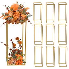 an arrangement of orange flowers and gold frames