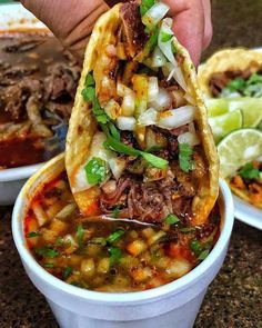 a hand holding a tortilla filled with meat and vegetables over a bowl of soup