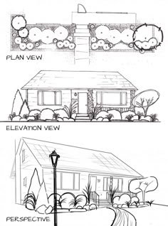 two different views of a house with trees and bushes in the front, one on the other