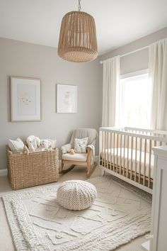 Elegant nursery design with neutral tones. Cozy baby room featuring mixed wood furniture, beige accents, and a plush rug. Ideal for gender-neutral themes. Elegant Baby Nursery, Neutral Nursery Ideas, Nursery Paint Colors, Beige Nursery, Gallery Wall Ideas, Idee Babyshower, Baby Nursery Neutral