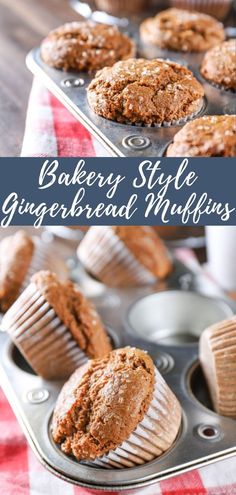 A batch of bakery style gingerbread muffins in an aluminum muffin tin on a red checked towel Gingerbread Muffins Recipe, Pistachio Bark, Ginger Muffins, Gingerbread Muffins, Bakery Style Muffins, Scone Recipes, Spice Muffins, Homemade Muffins, Holiday Eating