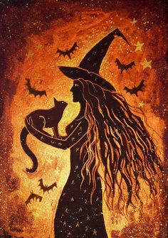 a painting of a witch holding a cat