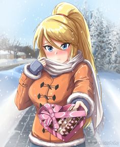 a blonde haired woman in an orange coat holding a pink heart shaped box while walking down a snow covered road