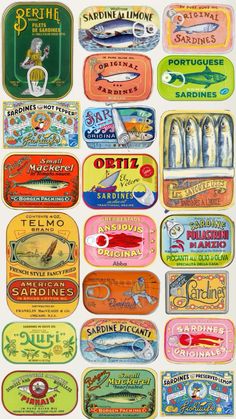 an assortment of different types of fish and seafood labels on white paper with red lettering