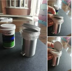 three pictures show how to open a canister and put the lid on it with plastic wrap