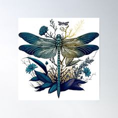 a blue dragonfly sitting on top of flowers and plants poster print with white background