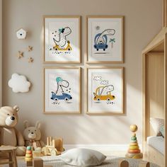 a child's room with four pictures on the wall and toys in the floor